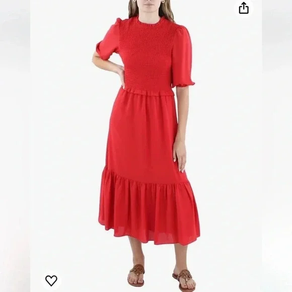 Nanette Lepore Smocked Midi Dress with Tiered Skirt and Ruffle Detail - Size 12 - Picture 1 of 13